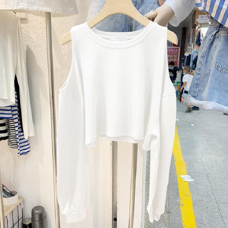 

Off-shoulder Round Neck Long-sleeved T-shirt for Women In Autumn and Winter Loose Solid Color Hollow Casual Base Shirt Korean Women s Clothing M білий