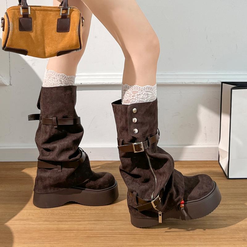 2026 Platform Women's High Boots Flats Designer Knee High Shoes Fashion Gothic Motorcycle Boots New Buckle Winter Mujer Botas
