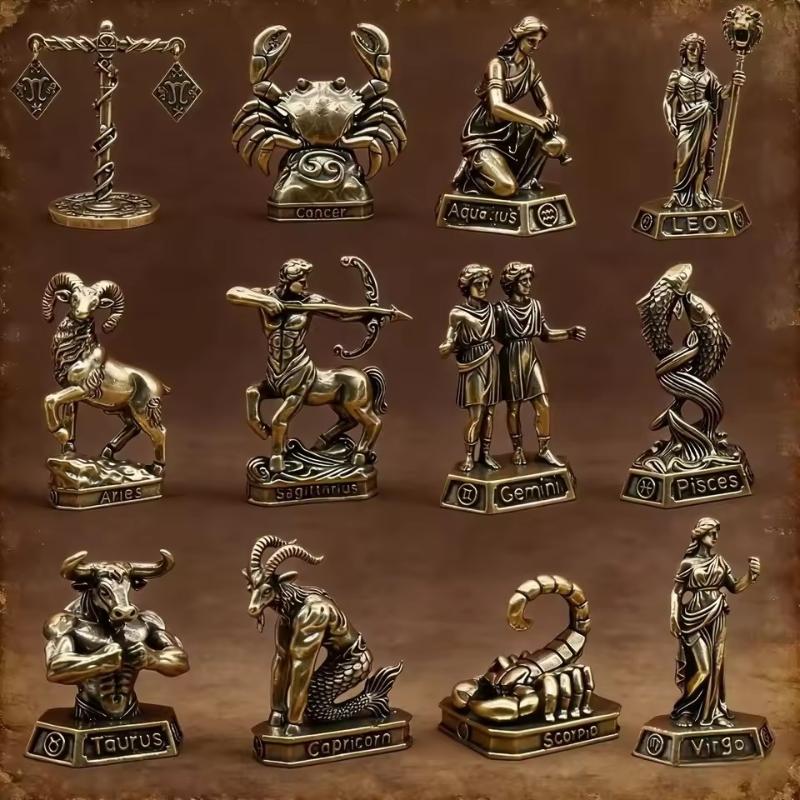 Vintage Brass 12 Constellation Figurines Handcrafted Durable Ornament for Desk Shelf Bedroom Decor Unique Birthday Gift