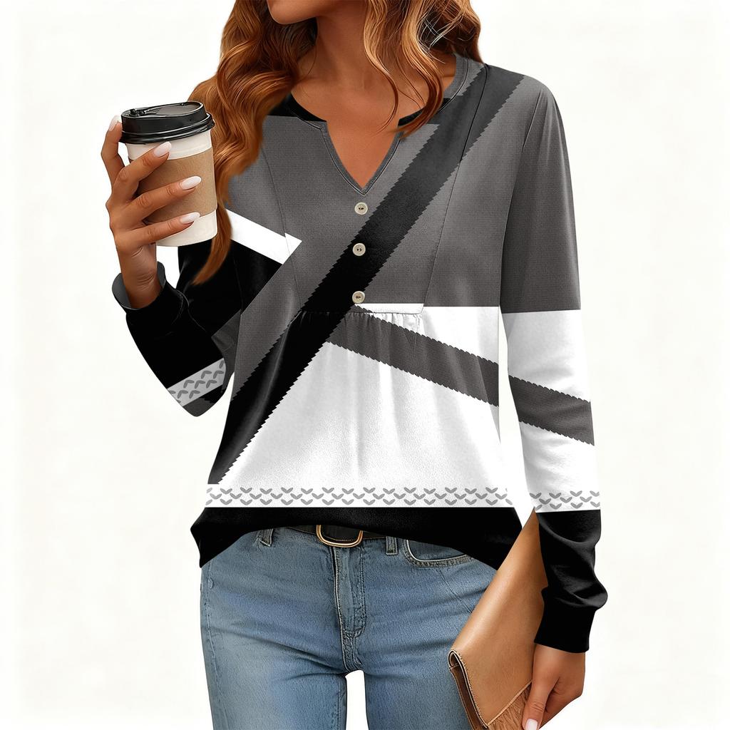 Women's Relaxed,Fit V,Neck Vintage Color,Blocked Floral Print Long,Sleeve Pullover Tee