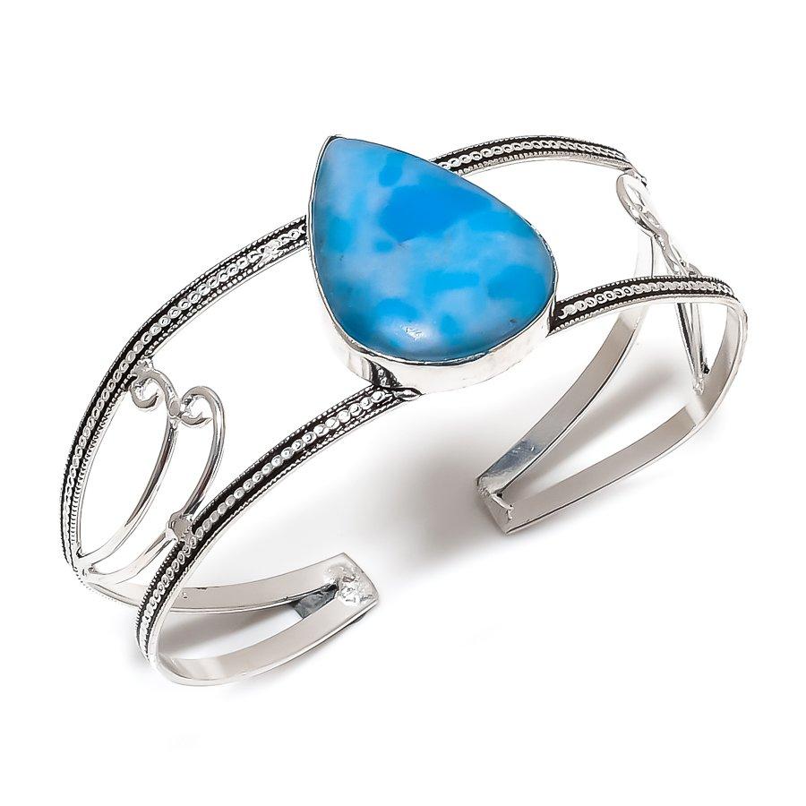 

Натуральный Ларимар Драгоценный Камень 925 Стерлинговое Серебро Манжета Браслет Регулируемый T9r14
