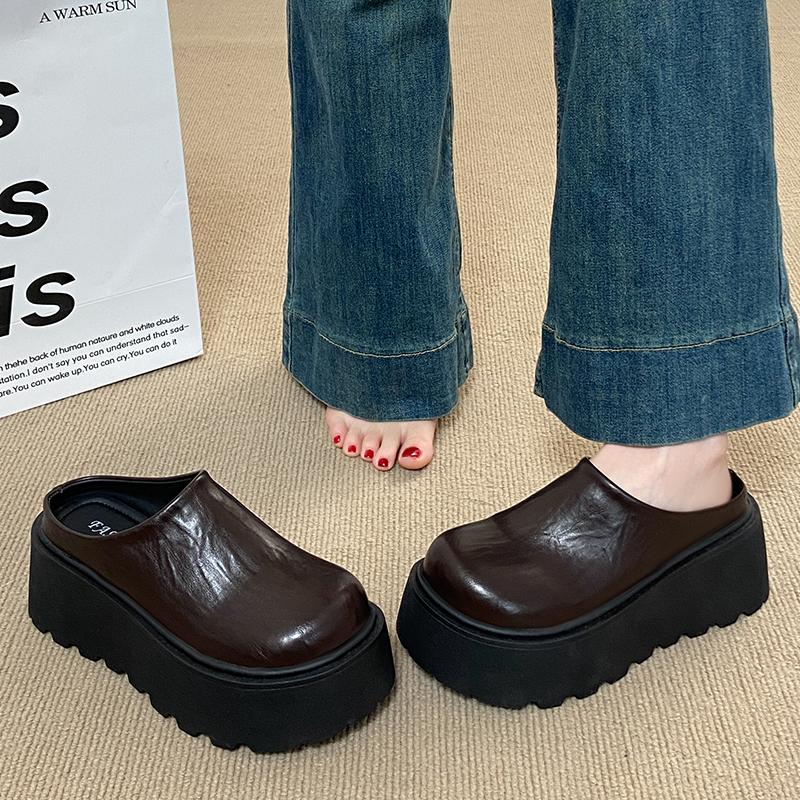CRLAYDK Women's Platform Heel Mules Casual Shoes Closed Toe Backless Slip On Leather Walking Increase Height Wedge Slippers