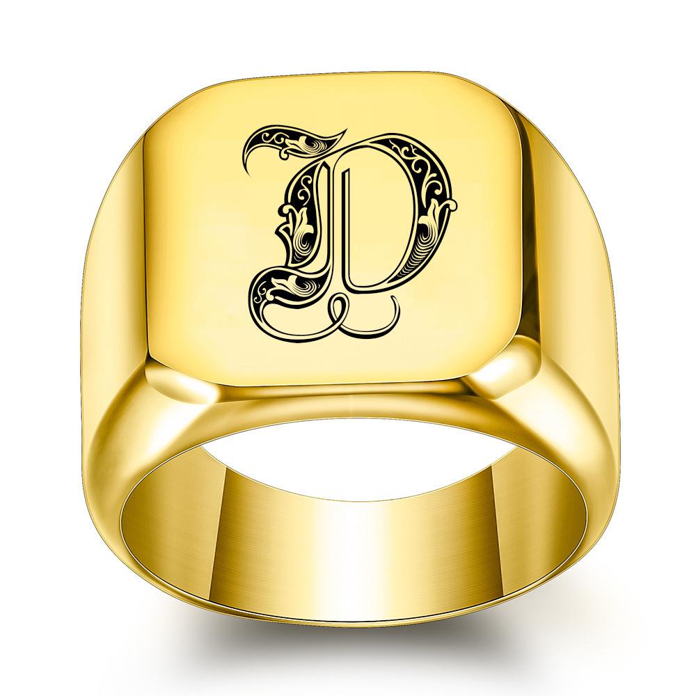 Europe, America 26 personalized English initials titanium steel ring male retro punk square 14MM gold trendy male wholesale