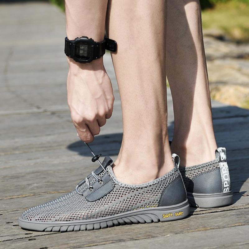 Fashion Men Casual Mesh Shoes Summer Breathable Outdoor Lightweight Hiking Trekking Genuine Leather Sneaker Fashion Soft Sole Low Shoes