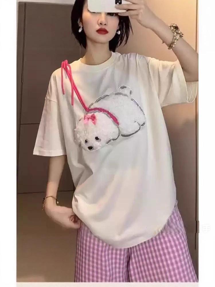 Women's Cute Cartoon Puppy Flocked Short Sleeve T-Shirt - Slimming Summer Casual Top