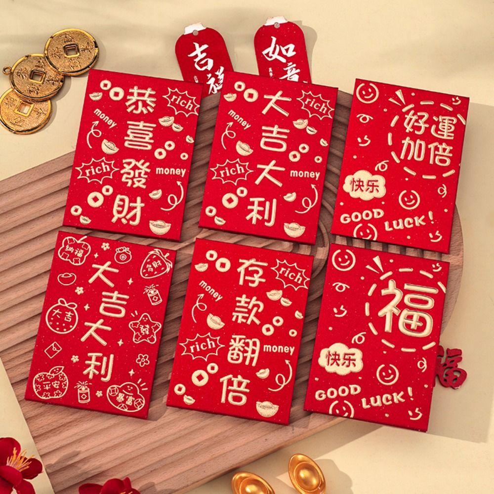 6Pcs Cute Lucky Red Pocket Cartooon New Year Red Packet Red Envelope Bag  Blessing Gift