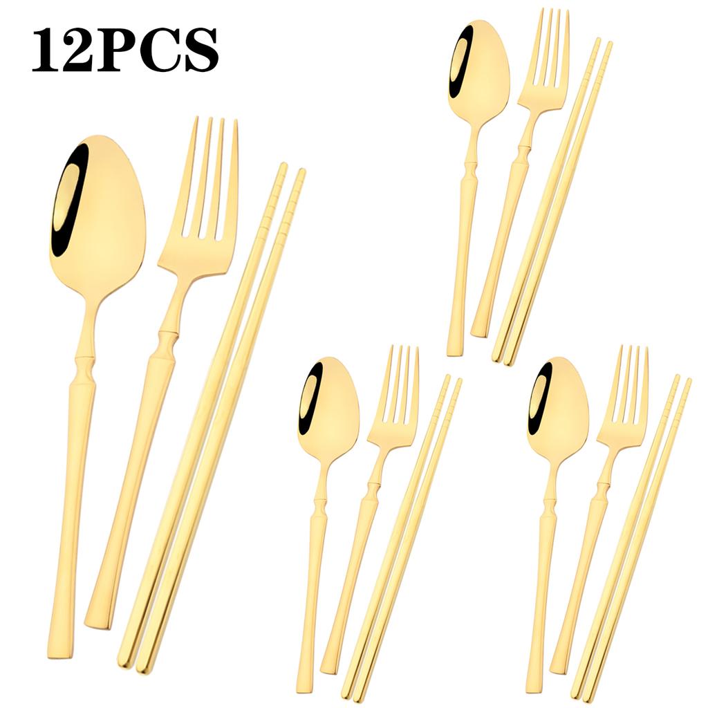 12pcs Black Gold Stainless Steel Dinnerware Set Waist Fork Spoon Chopsticks Tableware Set Mirror Western Kitchen Party Flatware