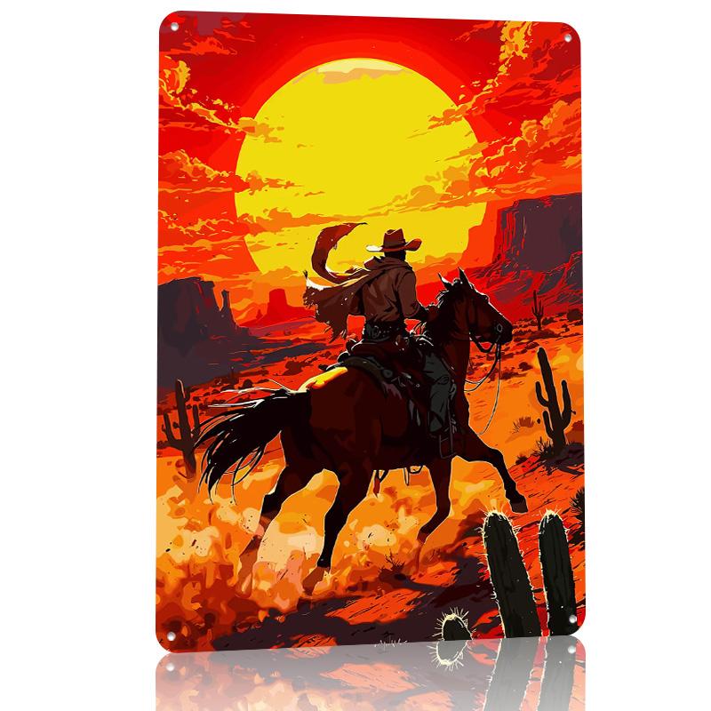 Cowboy Riding Horse in Desert Landscape Metal Poster Customized Wall Art Retro Vintage Tinplate Signs for Room Ornaments House