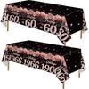 2pcs 60th Birthday Tablecloth, Black Rose Gold 60th Birthday Decorations for Woman Vintage 1966 Table Cloth Plastic Rectangular Table Cover Happy 60
