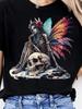 Plus-Size Women's Gothic Fairy & Skull Print T-Shirt - Loose-Fit Stretchy Short Sleeve Crew Neck Top