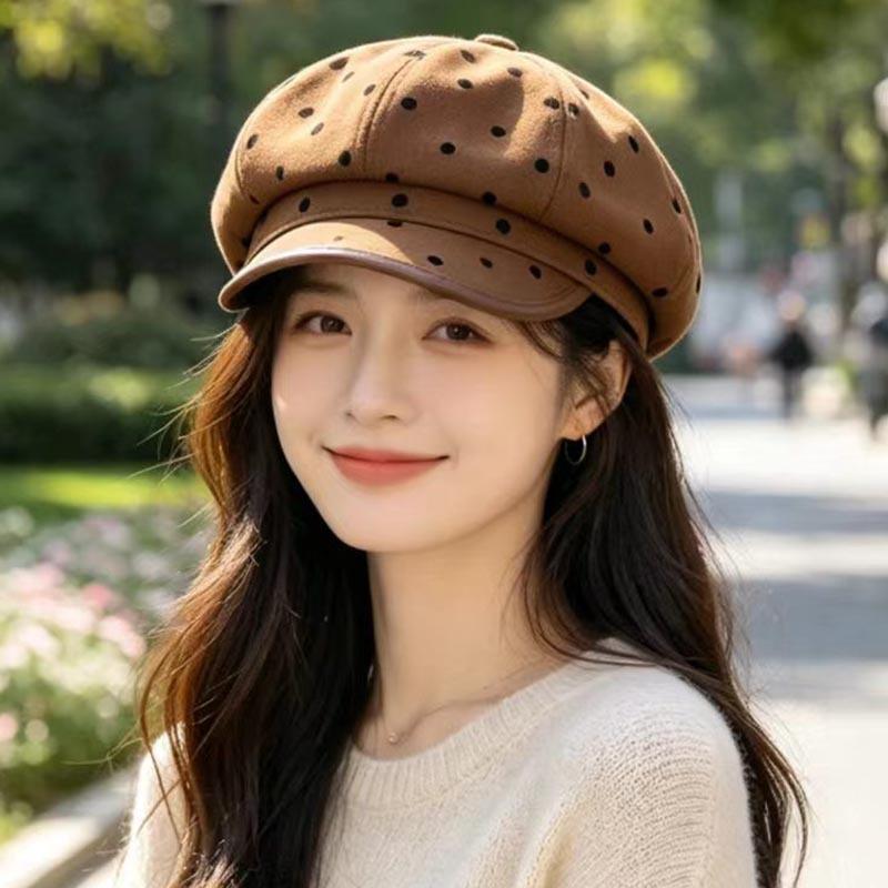 Autumn and winter polka dot octagonal beret women's autumn and winter retro newsboy hat showing face small fashion painter hat British cloud hat