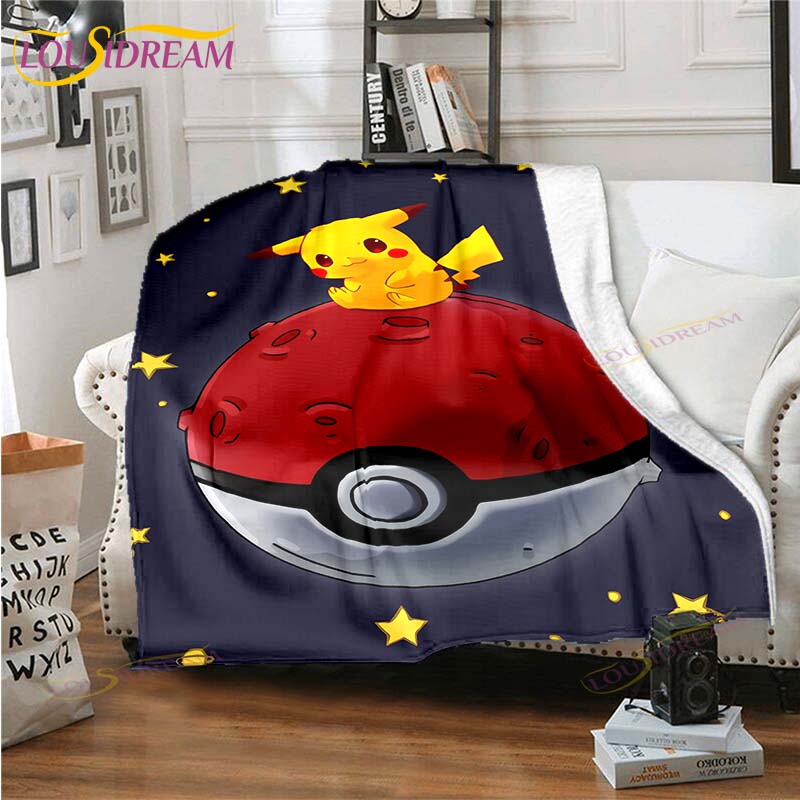 Cartoon Pokemon Printed Pikachu Fleece Plush Blanket Soft Warm Blanket for Adults and Children Bedroom Sofa Gift  Picnic Blanket