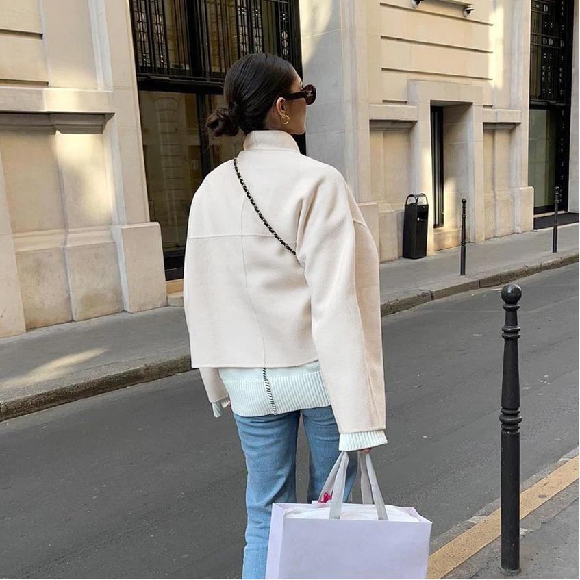 Apricot Colored Woolen Coat Women's Autumn And Winter Loose V-neck Jacket Top Women's Clothing