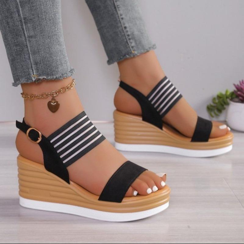 Sandali con zeppa e plateau da donna a pianta larga, scarpe romane con zeppa e punta aperta, sandali da esterno da spiaggia in stile europeo per donna