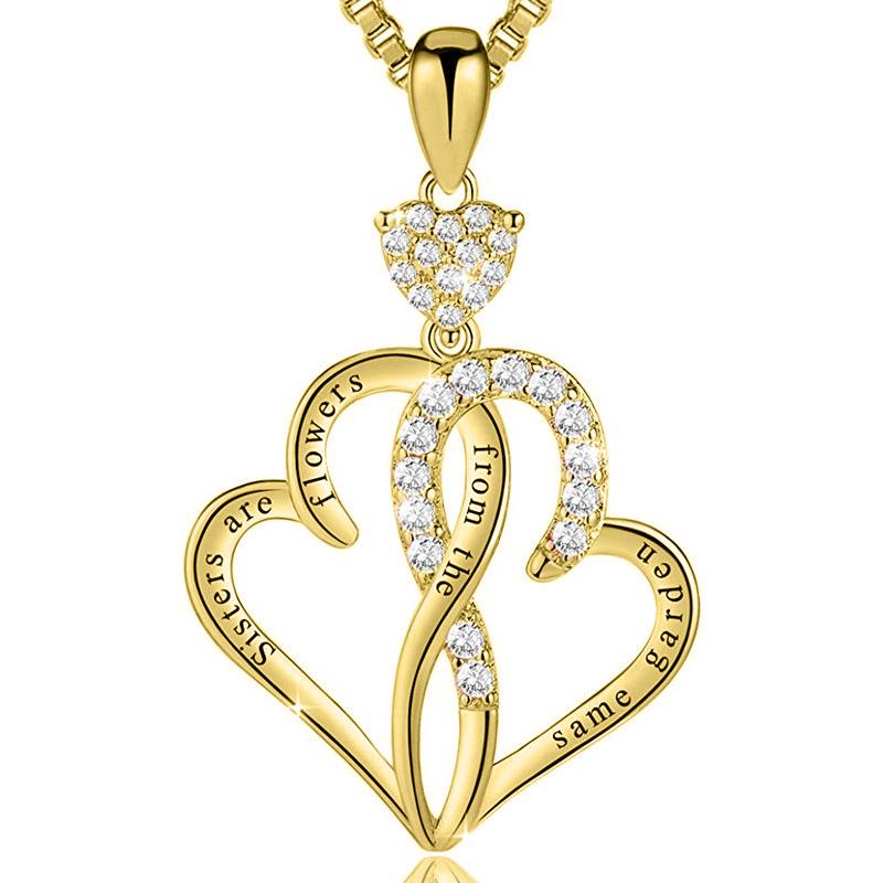 Intertwined Double Heart Engraved Letter Cubic Zirconia Pendant Sister Gift Women Clavicle Necklace