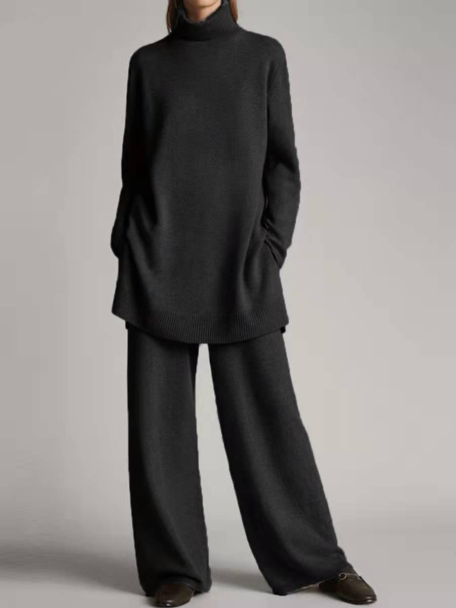 

2024 Весна/Осень Высокий Воротник Трикотажный Однотонный Свободный Повседневный Комплект Из Двух Частей