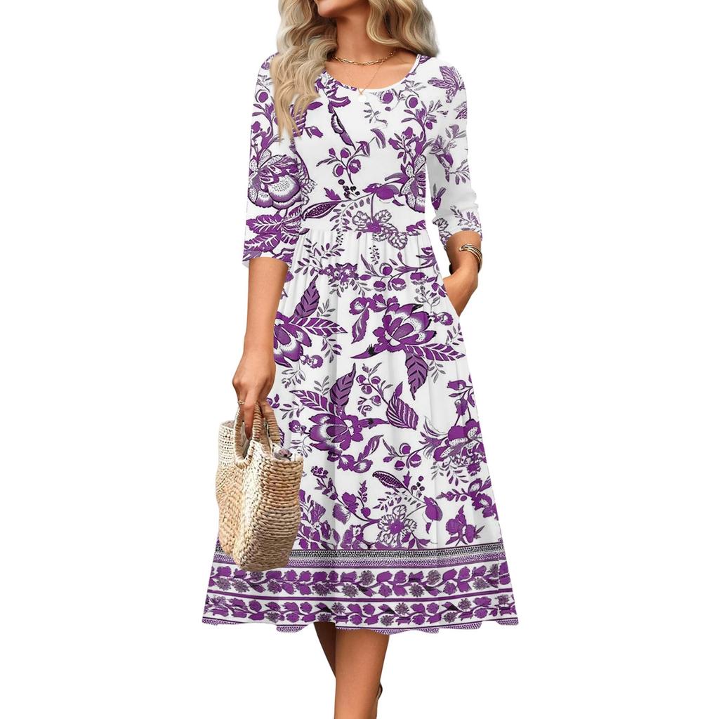 3/4-Ärmel Damenkleid Lässig Fließend A-Linie Midi T-Shirt Kleider mit Taschen Rundhalsausschnitt Urlaub Boho Strand Sommerkleid