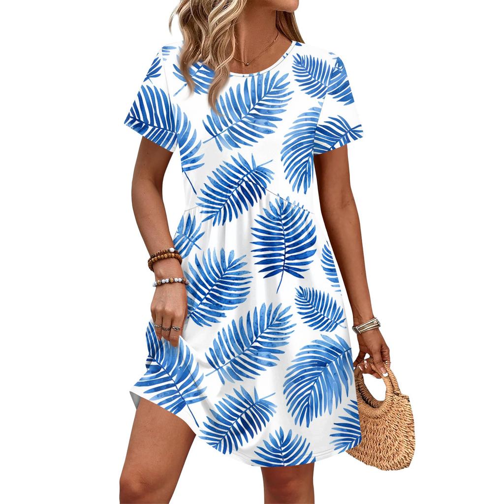 Dresses For Women Short Sleeve Print Round Neck Casual Dresses Waist Dress With Pockets