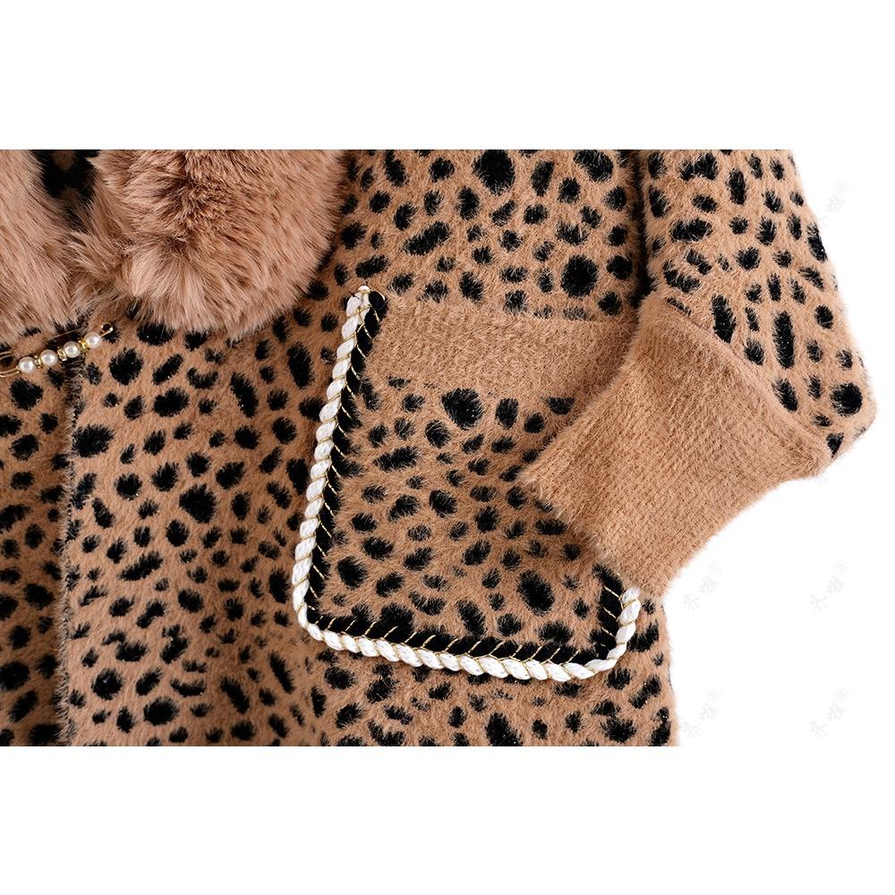 Autumn and Winter Imitation Mink Collar Pocket Sleeves Leopard Print Shawl Cape Fringed Scarf Jacket Women's Knitted Sweater