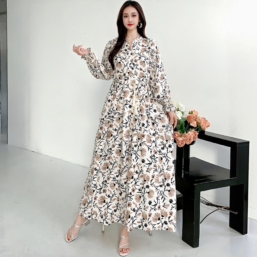 South East Asia People Cotton Floral Long Dress Bohemian Long Sleeve Loose Dress Fat Girl Plus Size Maternity Skirt