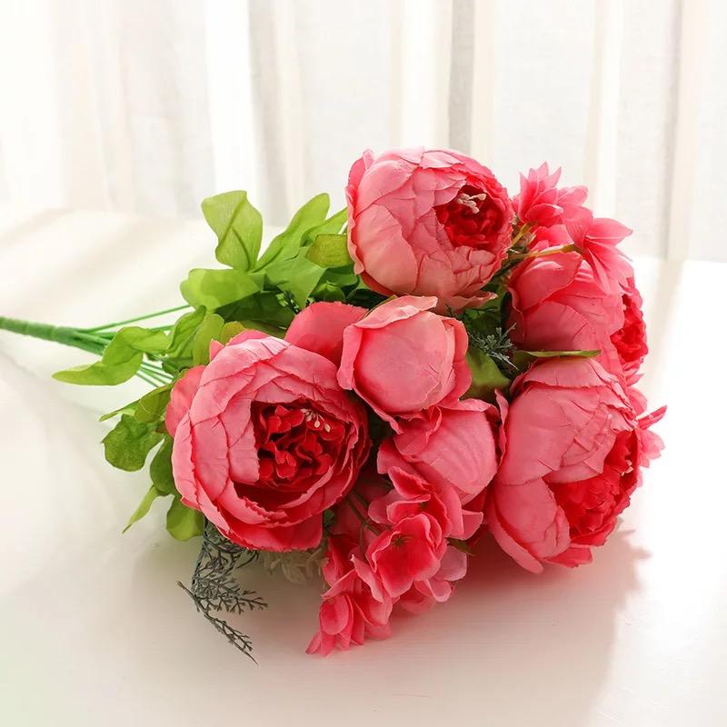 Vintage Artificial Peony Silk Flowers Bouquet for Home Wedding Decoration