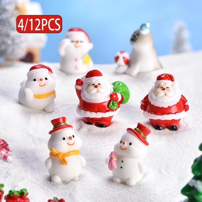 4/12PCS Mini Christmas Figurines Set, Santa Claus & Snowman Miniature Ornaments for Xmas Decor, Fairy Garden, Tabletop Decoration