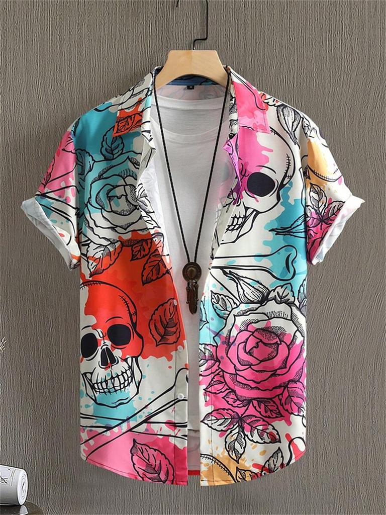 Roses Skulls 3D Printed Men's Shirt Everyday Summer Casual Men's Short-Sleeved Shirt Outdoor Street Men's Fashion Shirt