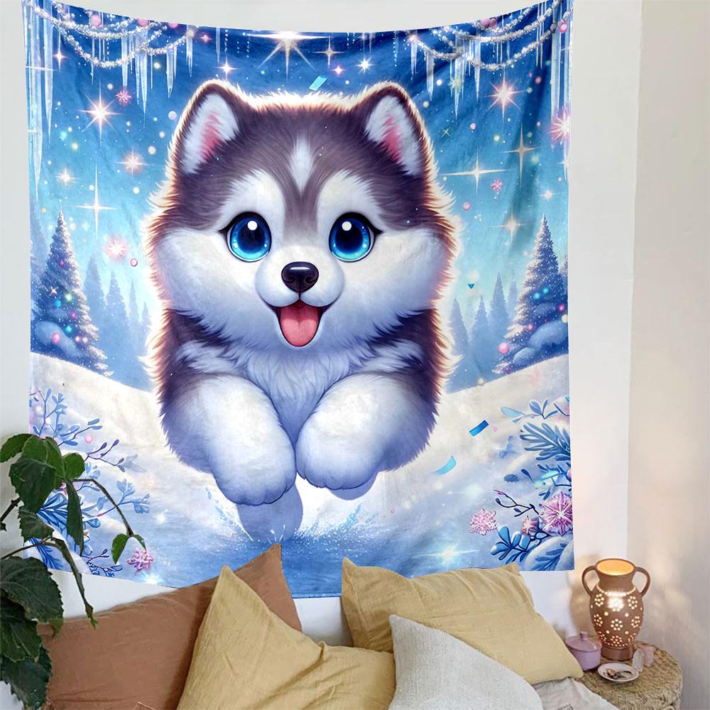 Cute Husky Puppy in Winter Wonderland Patterned Tapestry Decorative Wall Hanging, Home Bedroom Living Room Decor
