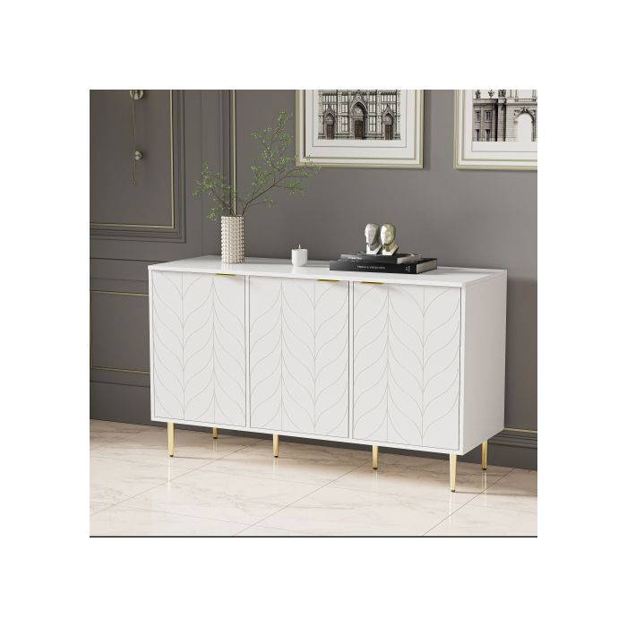 Buffet Moderne - MUVOE - Commode Laquée - 2 Tiroirs - 6 Compartiments - Blanc Doré