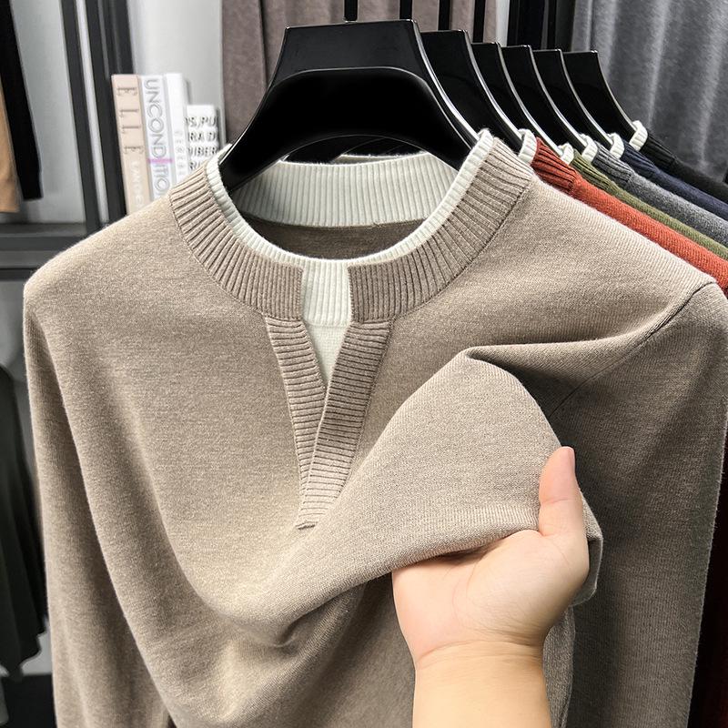 Men's V-Neck Faux Two-Piece Knit Sweater: Casual Long Sleeve Base Layer for Autumn & Winter