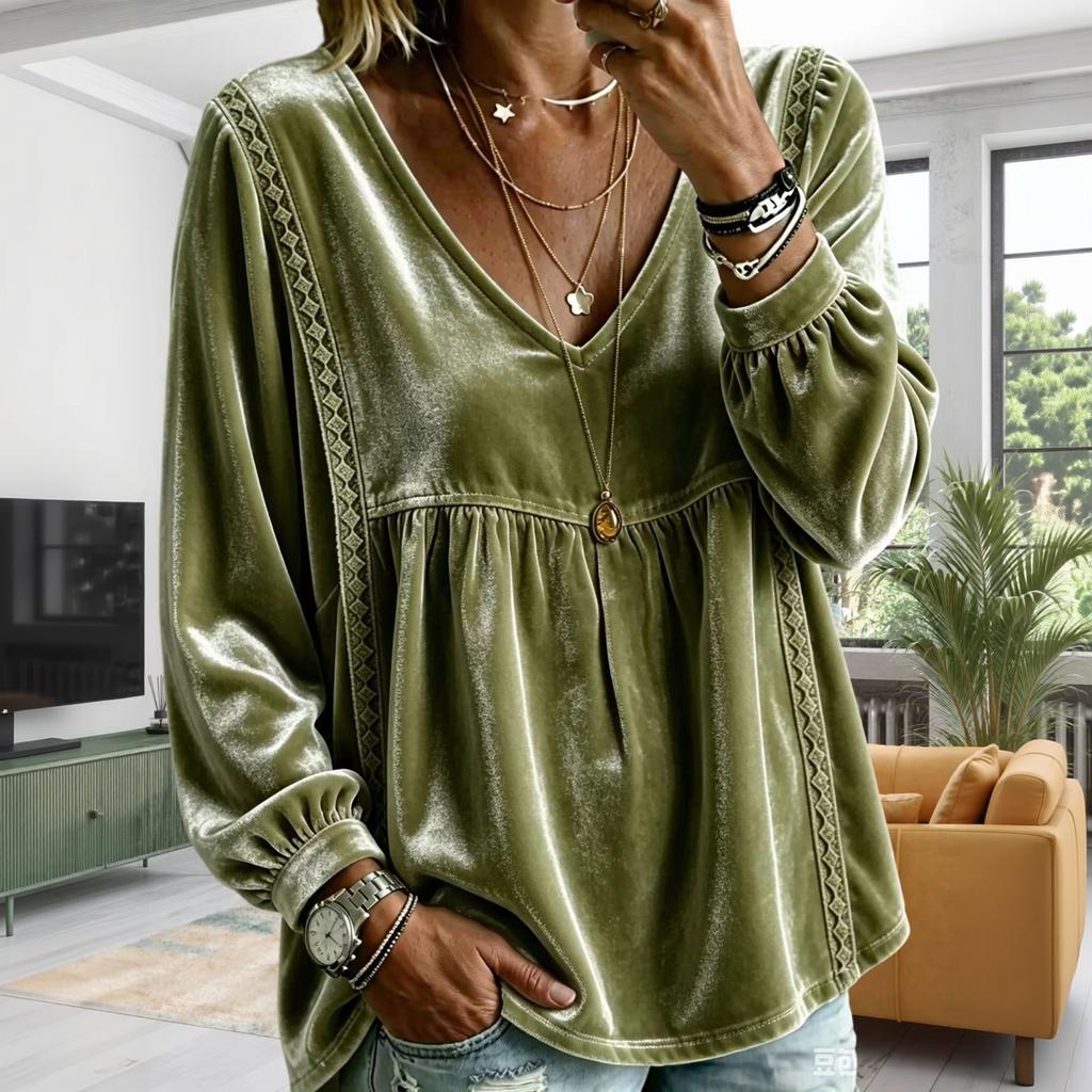 Women's V-Neck Lace Long Sleeve Blouse - Color Loose Fit Top for Everyday Wear