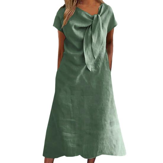 

Женское платье миди с декорированным воротником и бретельками, платье с коротким рукавом, однотонное свободное летнее повседневное платье S зелёный