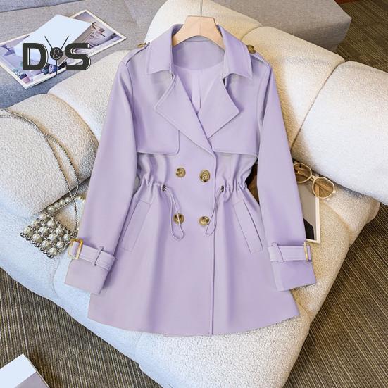 Winter Women Jacket Long Sleeves Elastic Drawstring Waist Pockets Windbreaker Double-breasted Coat Mid Length Windproof Warm Coat