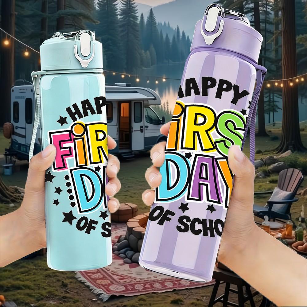 1PC Happy First Day Colorful Lettering 750ml Color Plastic Sports Water Bottle Leakproof Flip Straw Lid Suitable for Sports Office Home Use