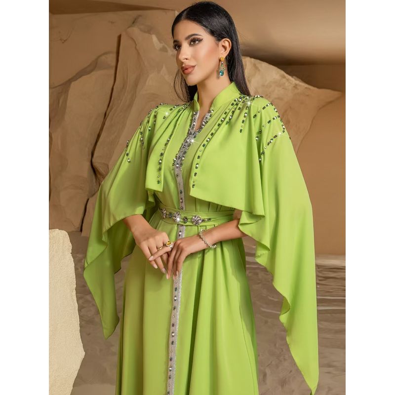 

New Middle East Dubai Shawl Half-high Collar Handmade Seam Drill Dress Hand Sewn Diamond Dress Yellow-Green 2XL