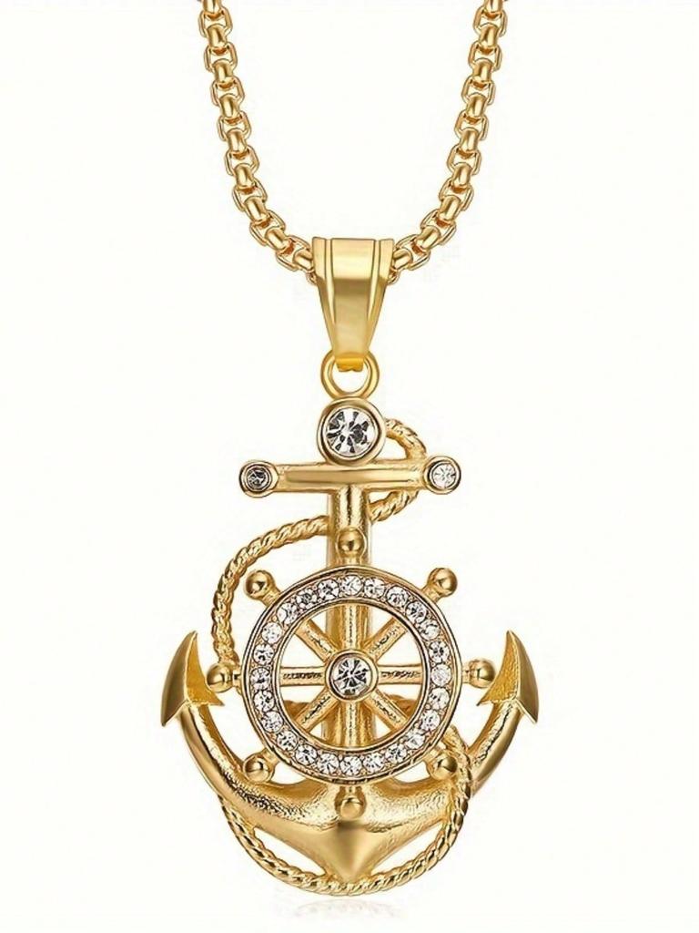 1pc Stainless Steel Marine Shape Pendant Necklace, Rhinestone Decor, Hip Hop Punk Jewelry For Men, Gift For Boyfriend