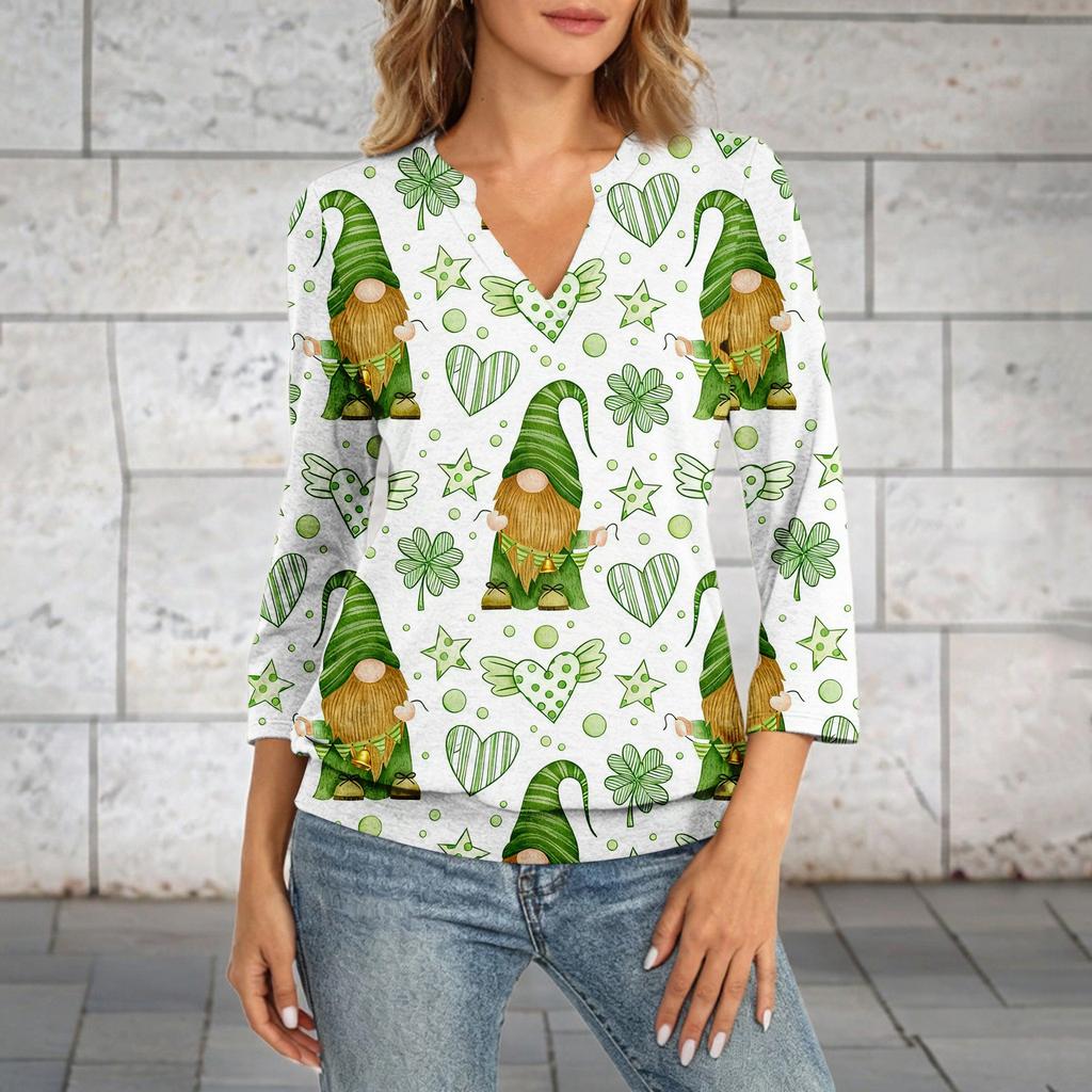 Damen 3/4-Arm Oberteil mit Bündchensaum, V-Ausschnitt, Sommer Freizeit-T-Shirt, St. Bedrucktes Oberteil zum St. Patrick's Day