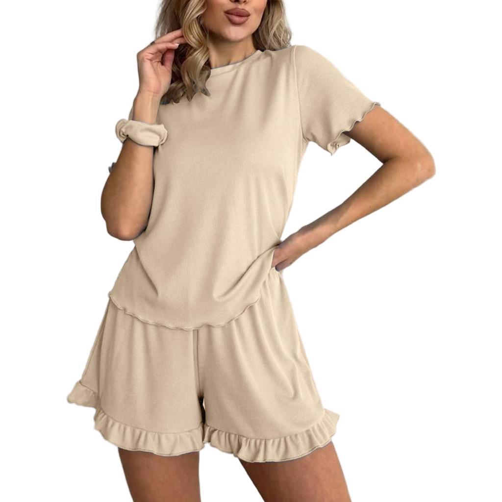 Solid Color Crew Neck T-Shirt Elastic Waistband Shorts Set with Ruffled Edges Soft Lightweight Lounge Wear for Women