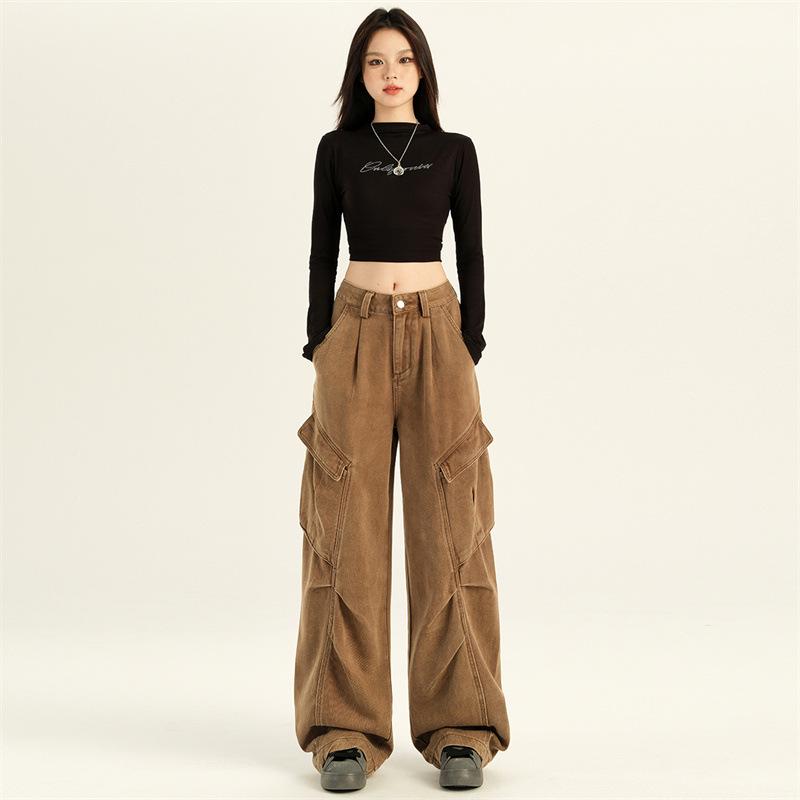 Women's American Retro Denim Overalls - Autumn 2024 Loose Slimming Wide-Leg Floor-Length Pants