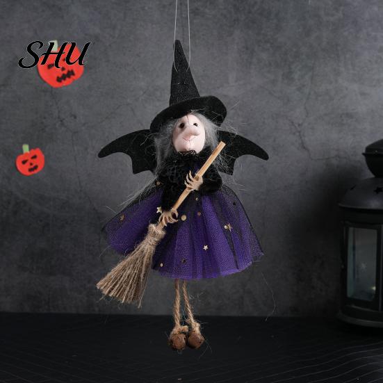 Halloween Witch Ornament Decoration Soft Cloth Gauze Skirt Mini Broom Stuffed Doll Hanging Festival Figurine Pendant Gift Idea