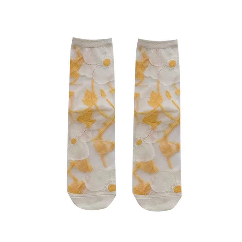 New Women Ladies Sock Fashion Sheer Mesh Glass Silk Socks Ultrathin Transparent Crystal Lace Fabulous Elastic Summer Flower Sock