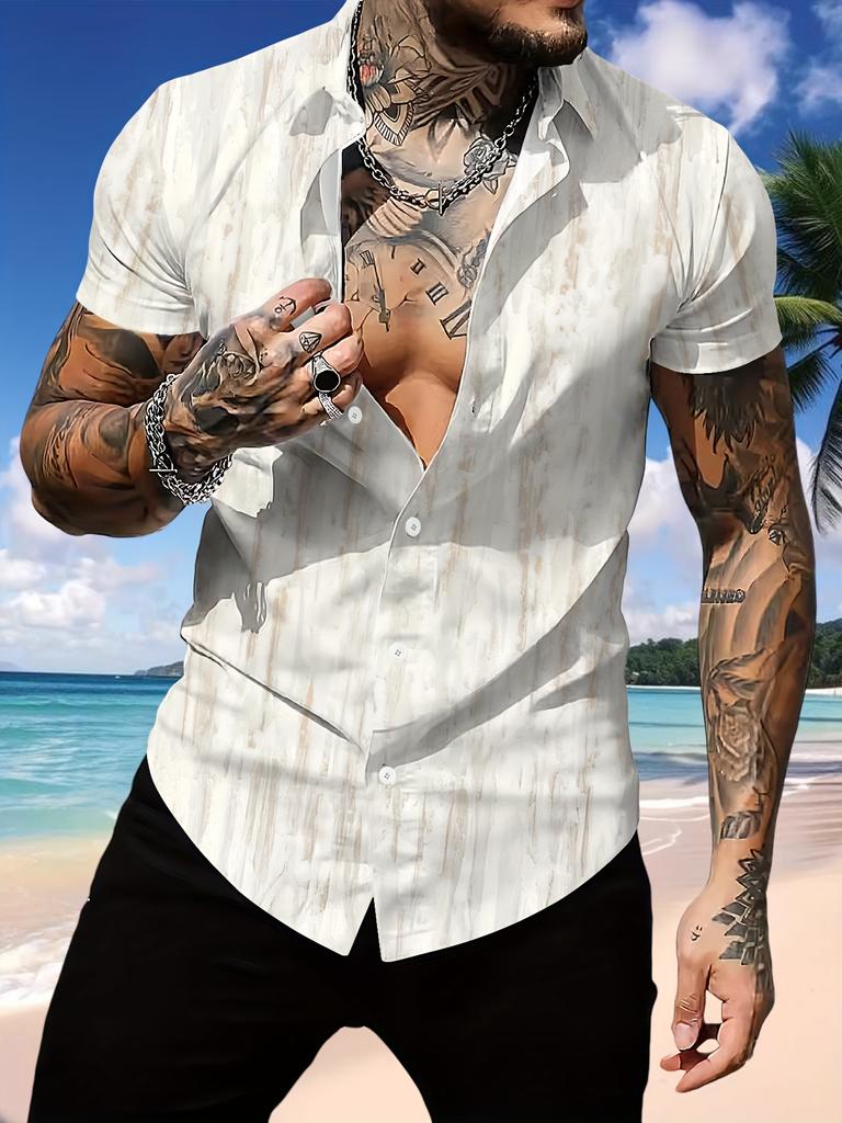 Men's Elegant Casual Wooden Color Printed Shirt, Ideal for Vacation Gifts