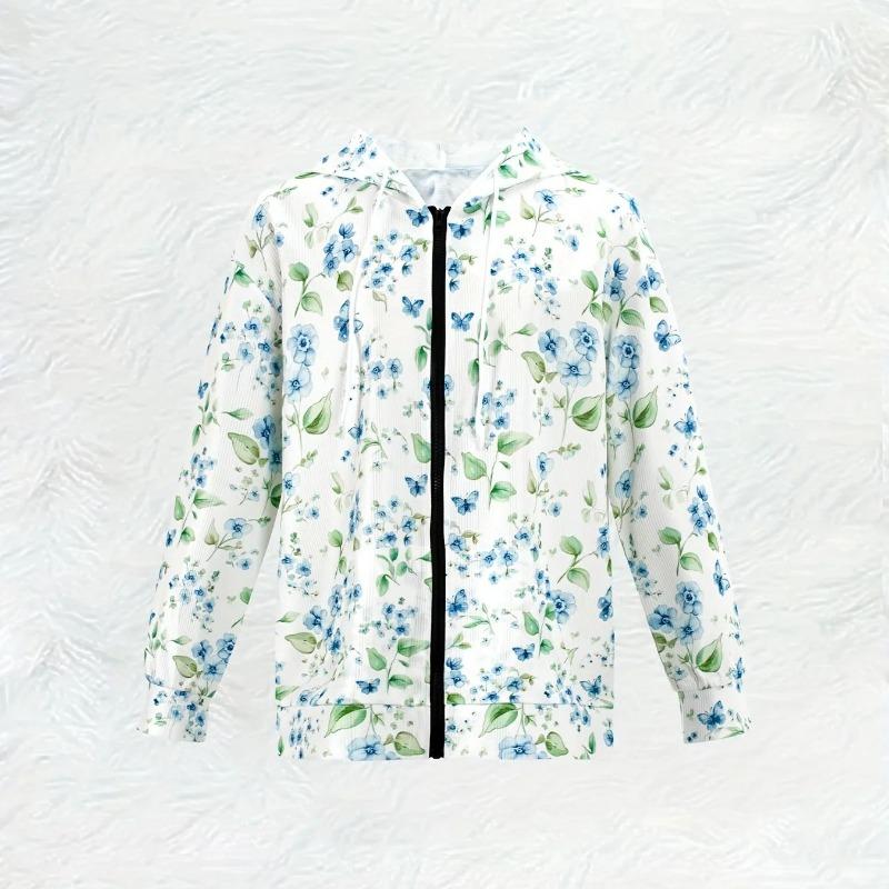 Fresh Botanical Floral Butterfly Print Zip Hoodie for Women – Lightweight Drawstring Hooded Jacket