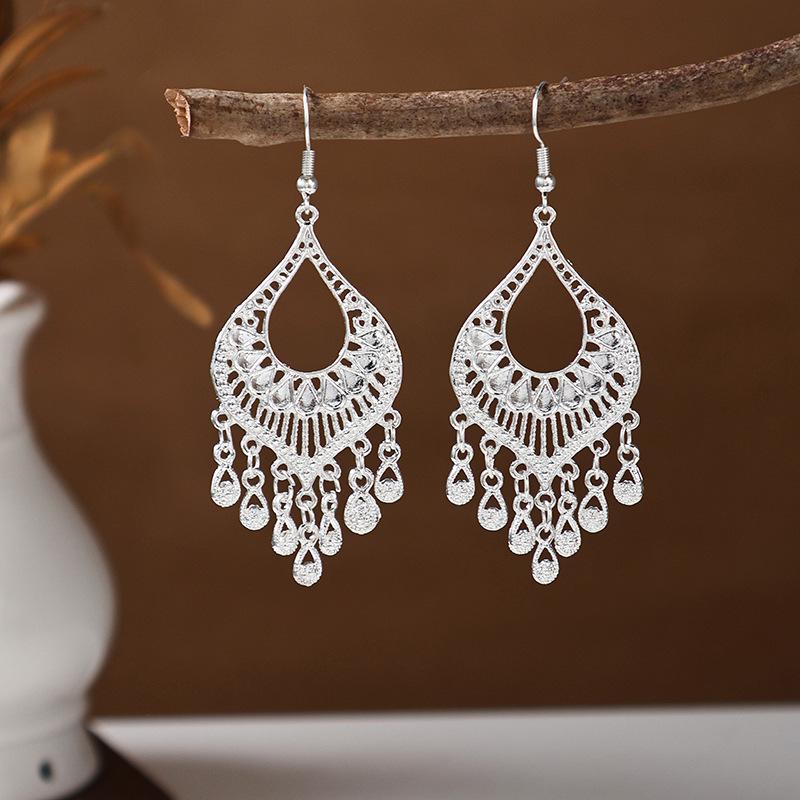 Ethnic Miao Silver Tassel Earrings - Retro Long Dangle Scenic Studs for Women