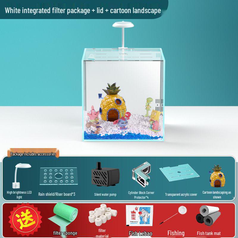 Compact Ultra-White Glass Fish Tank with Back Filter - Minimal Maintenance Desktop Aquarium for Goldfish