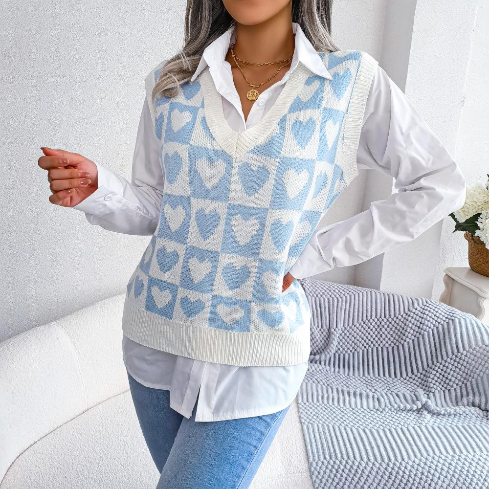 Damen Valentinstag Pulloverweste Ärmellos Liebe Herz Kariert Crop Tanktop Gestrickt V-Ausschnitt Pullover Top