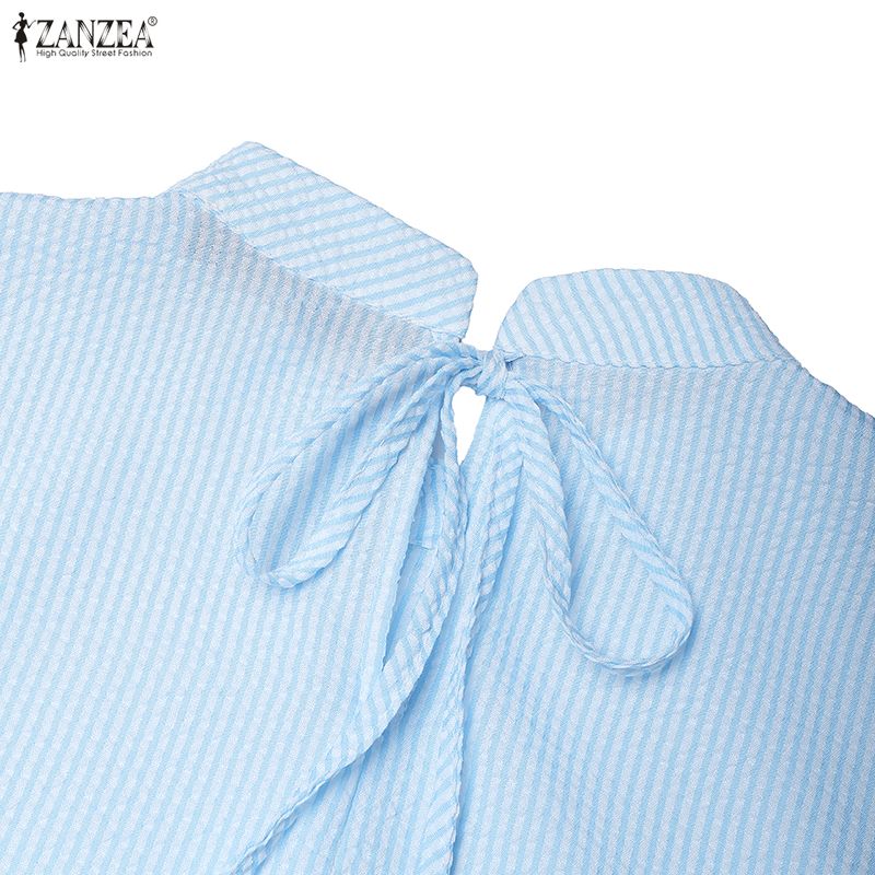 ZANZEA Women Casual Stand Collar Loose Half Sleeve Stripe Blouse