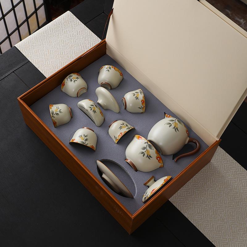 Beige Ru Ware Ceramic Kung Fu Tea Set: Teapot & Teacups in Gift Box for Holiday or Business Souvenir