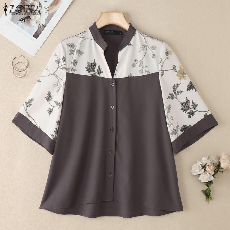 ZANZEA Women Casual V-Neck Loose Print Splice 3/4 Sleeve Blouse