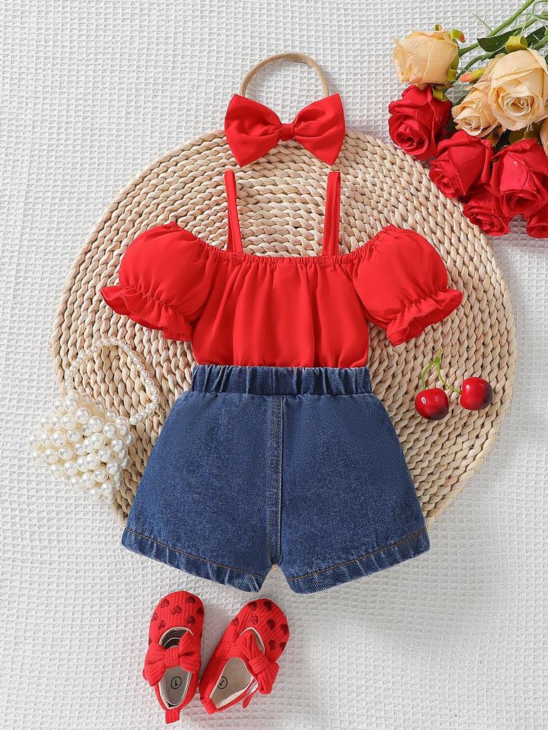 2025 New Arrival Girls' Euro-American Spaghetti Strap Ruffled One-Shoulder Top + Heart Washed Denim Set